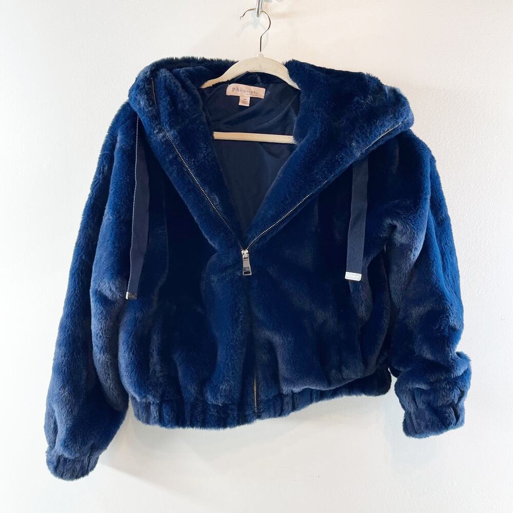 Philosophy Full Zip Hooded Faux Fur Jacket Navy Blue Small